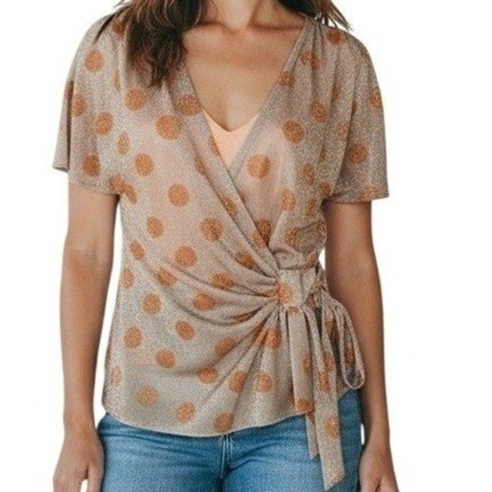 ANTHROPOLOGIE EVA FRANCO Tangerine Shimmer Polka Dot S/S Wrap Top EUC Small